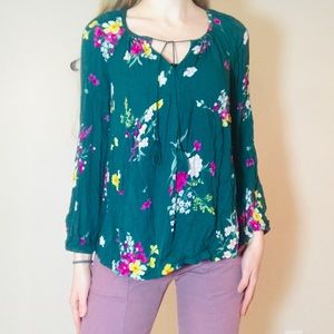 Old Navy Forest Green Floral Tie Front Blouse Top